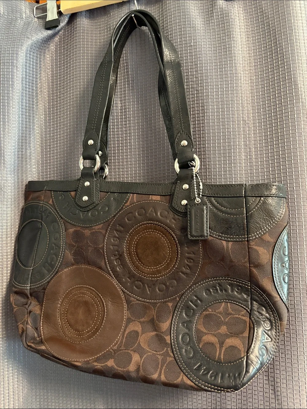 Coach Brown & Black Circular-Embossed Canvas Shoulder Bag